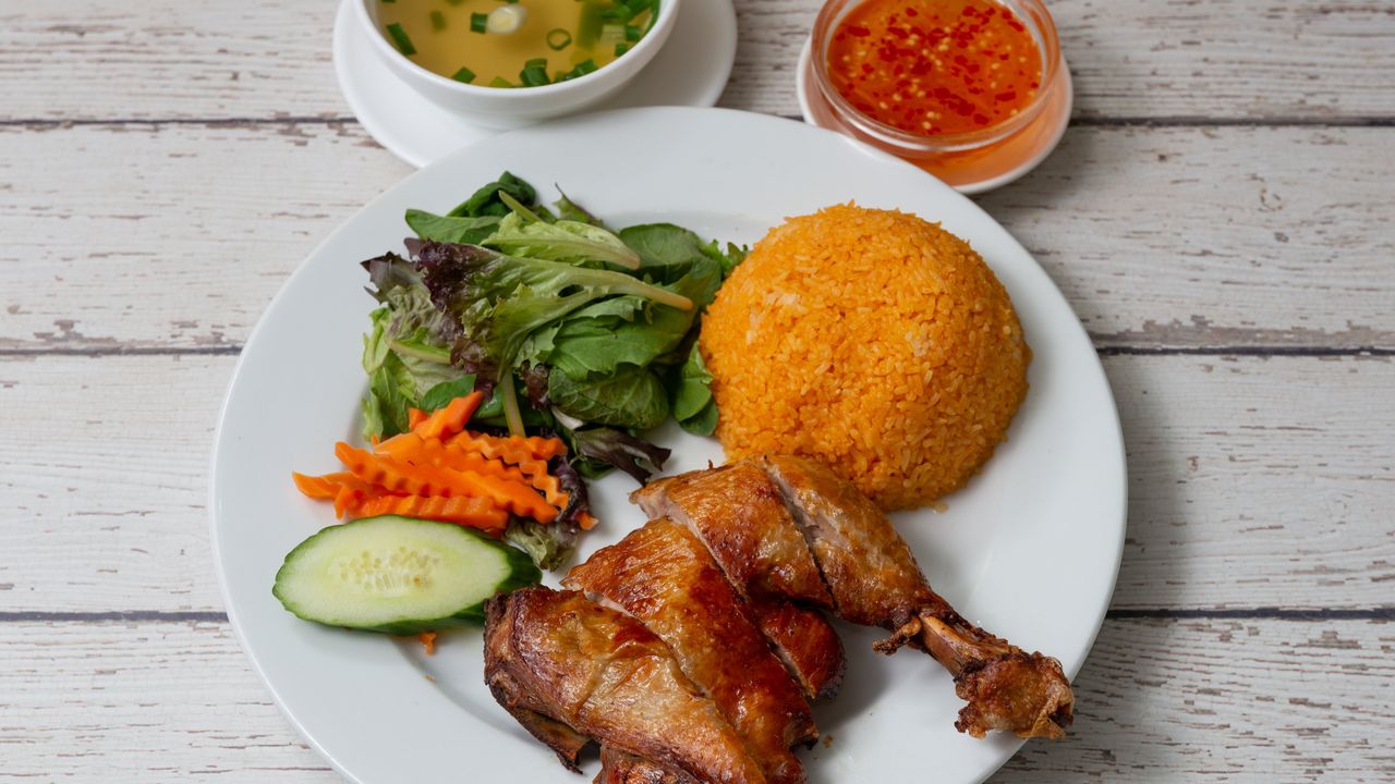 Tomato Rice with Crispy Skin Chicken