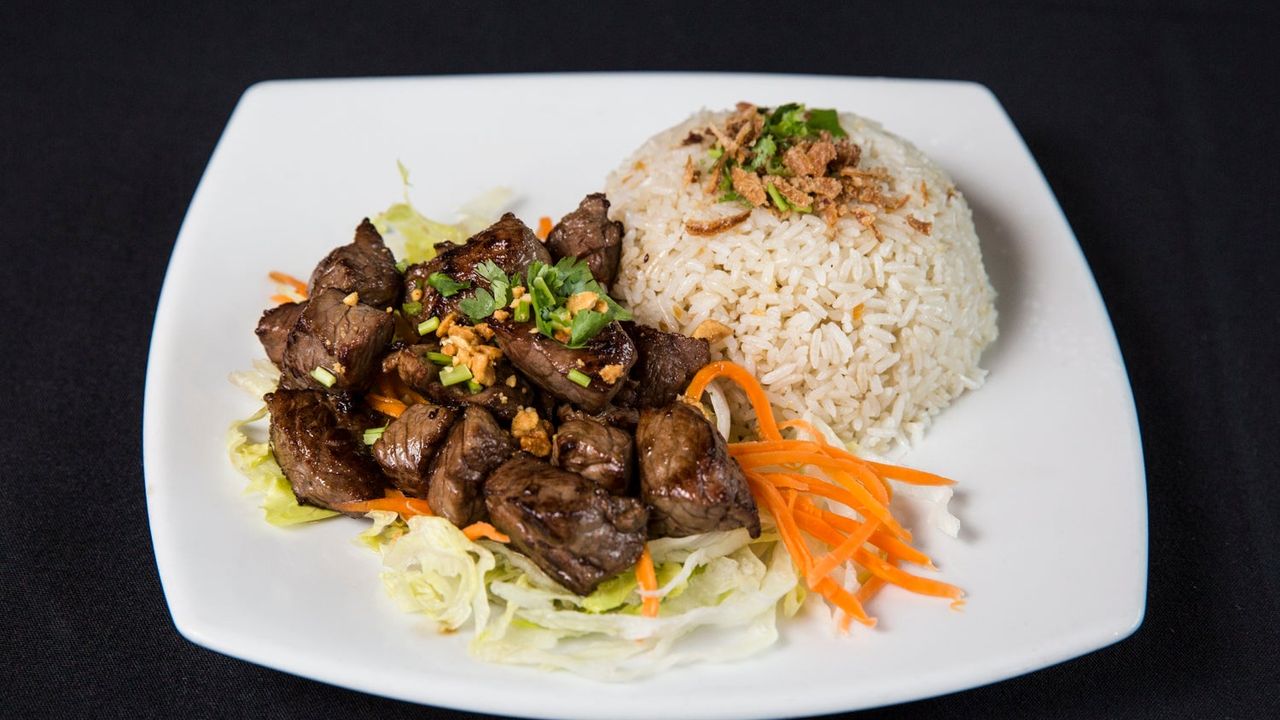Tender Beef Cubes with Garlic Rice - Bo Lac Com Toi
