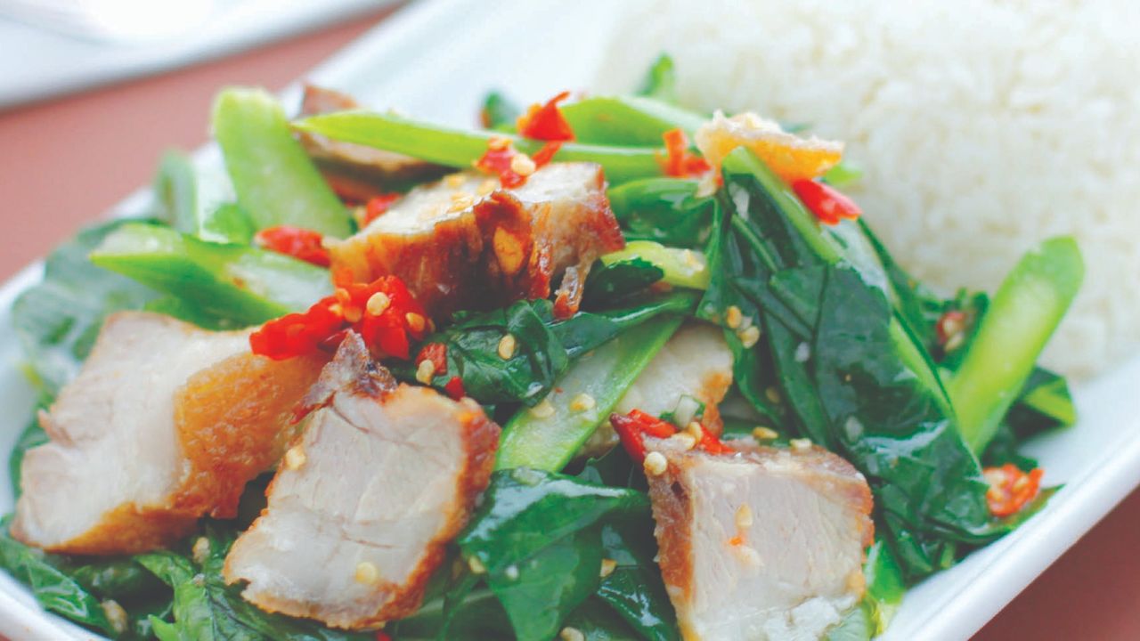 Chinese Broccoli With Crispy Pork On Rice