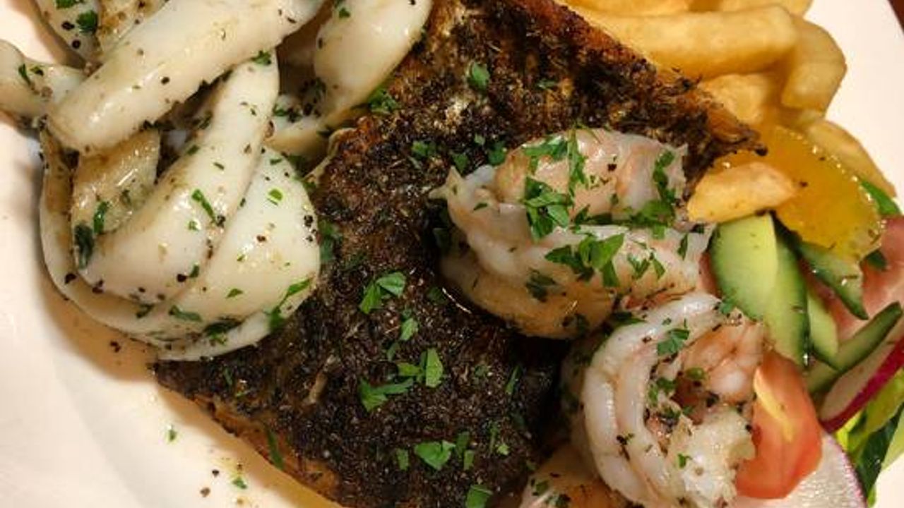 Blackened Barramundi with Prawns and Calamari