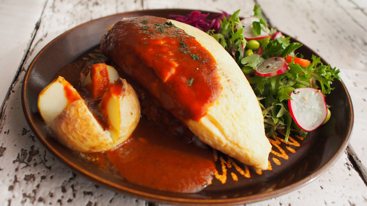 Soft Omelette on Mushroom and Tomato Fried Rice with Paprika Homemade Sauce