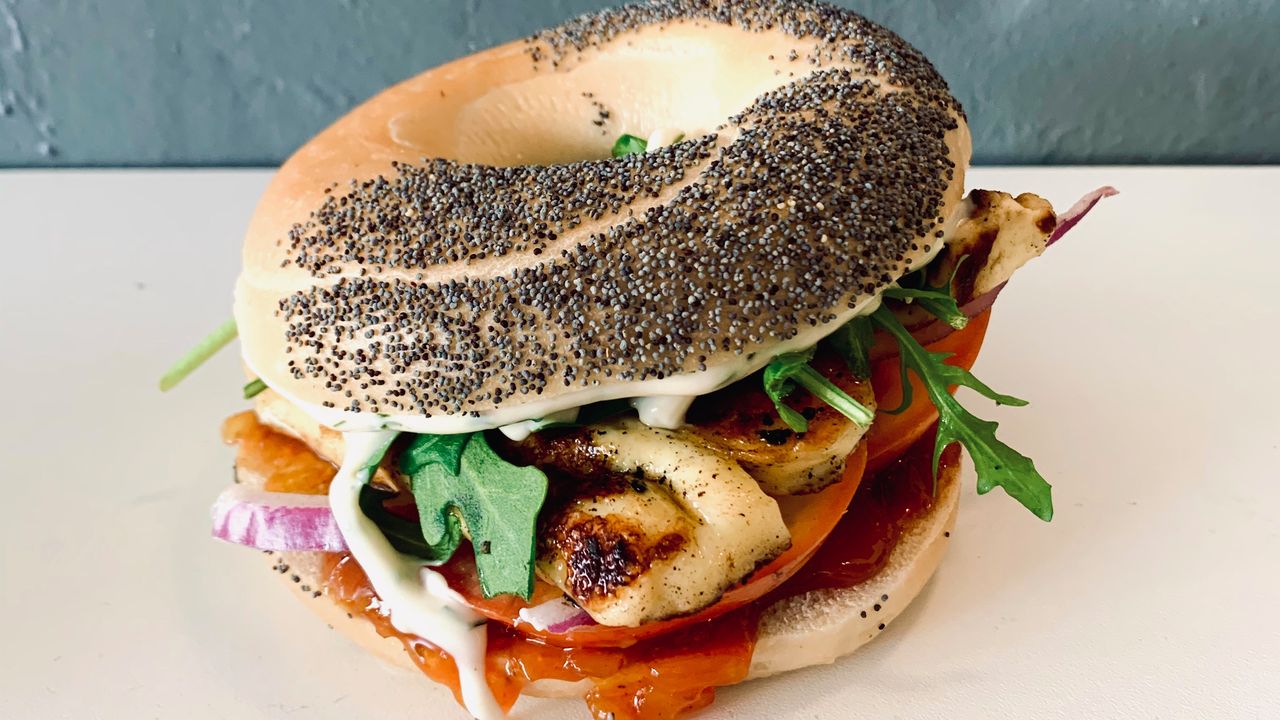 12. Halloumi, Tomato, Spanish Onion, Dill Mayo, Rocket, Tomato Relish, & Lemon Oil