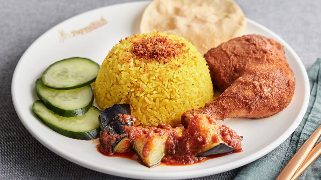 Nasi Kunyit with Fried Chicken and Sambal Eggplants