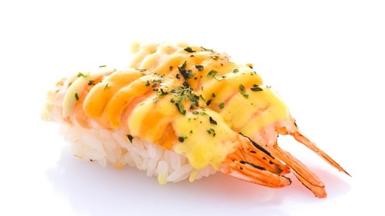 Rainbow Aburi Prawn Nigiri (gf)