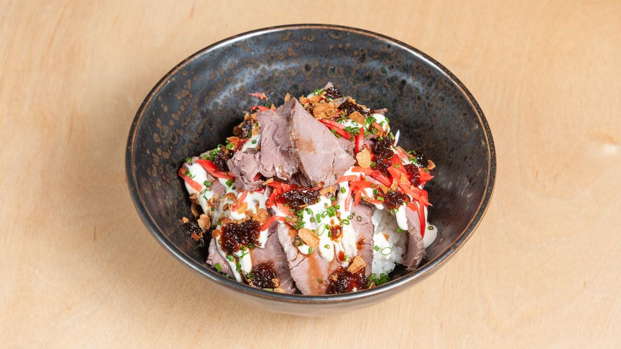 Roasted Beef Don, Sour Cream, Fried Garlic