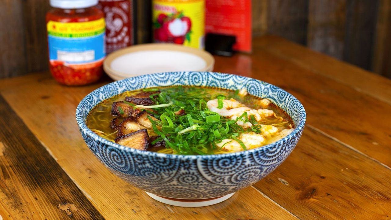 XO Pho Egg Noodle with Crispy Pork & Prawn