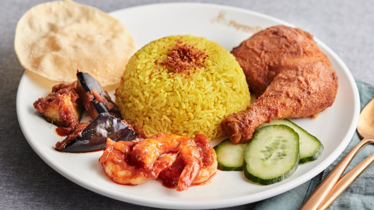 Special Nasi Kunyit with Fried Chicken, Sambal Prawns and Sambal Eggplants