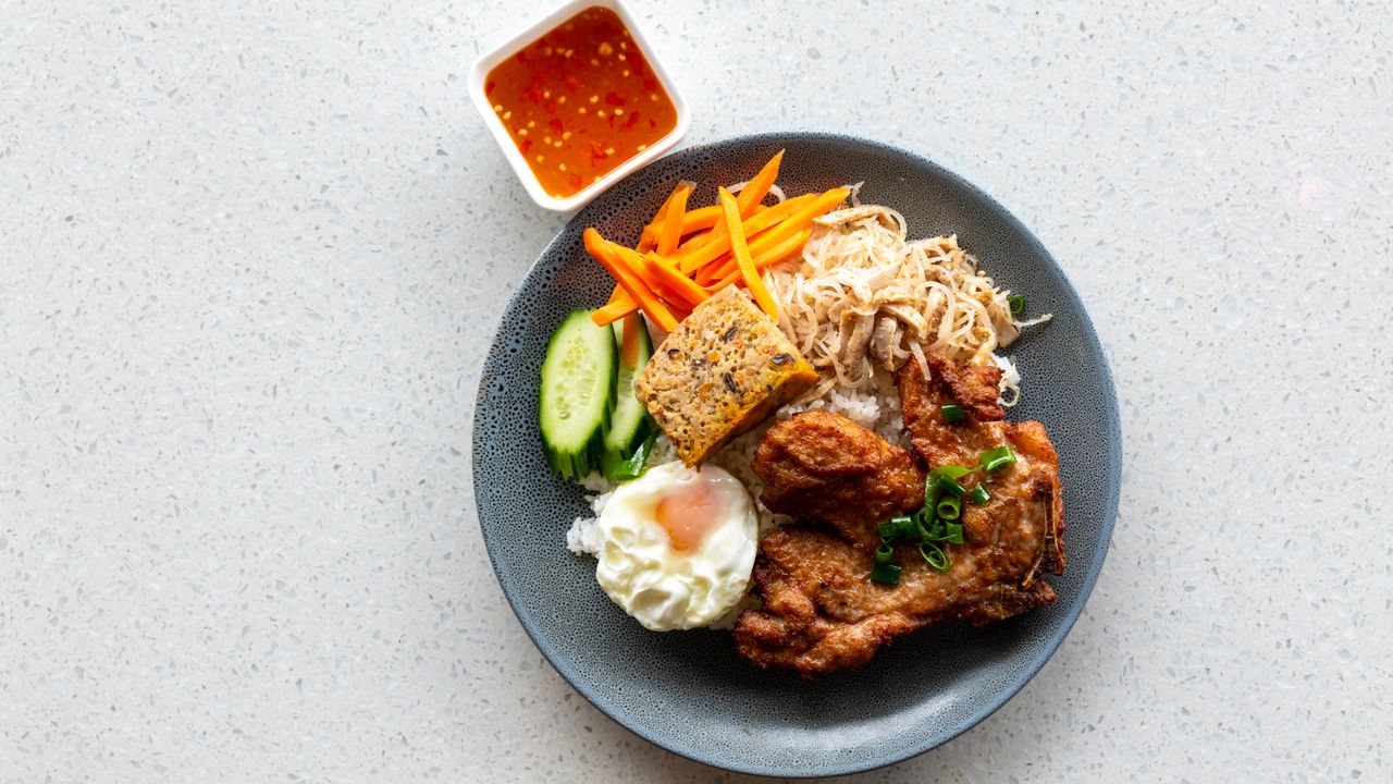 58. Broken Rice with Pork Chop, Shredded Pork & Fried Egg