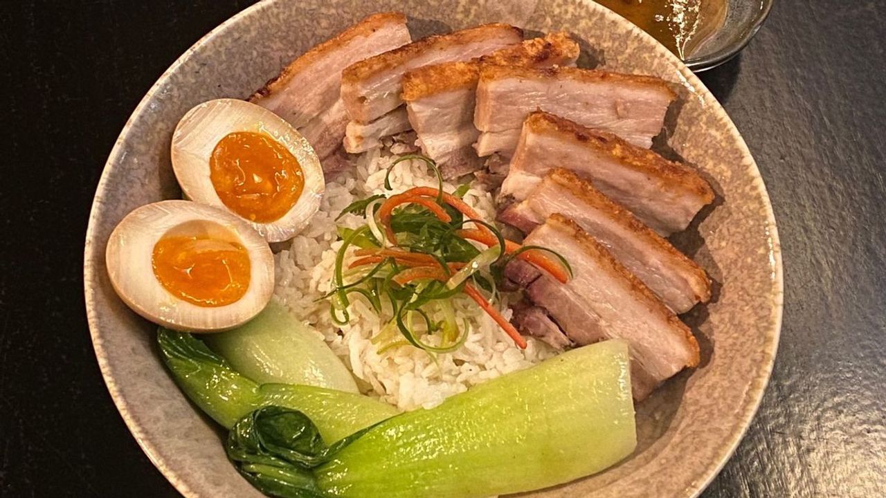 Crispy Skin Cantonese Roast Pork with Rice or Chicken Rice or Egg Noodles