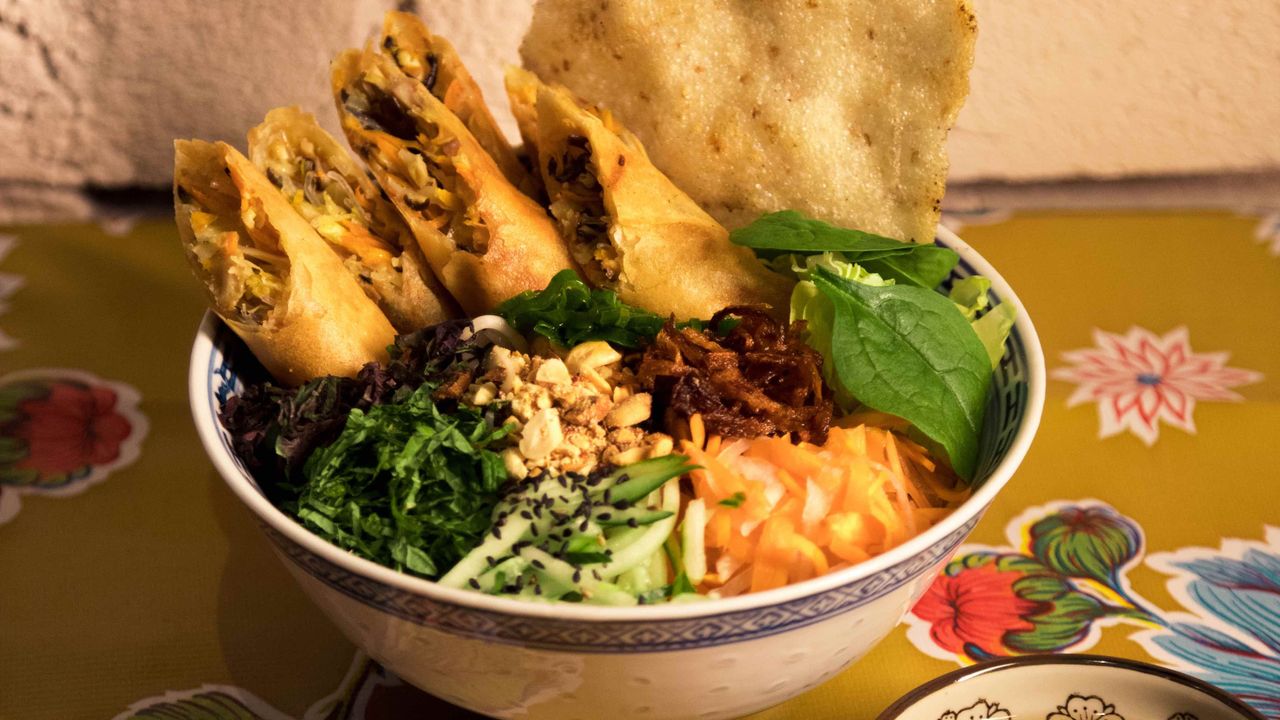 Noodle Salad w/ Tofu & Shiitake Spring Rolls (Vegan)