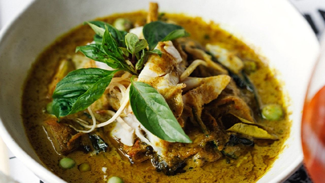 Green Curry of White Fish with Apple Eggplant, Krachai and Thai Basil