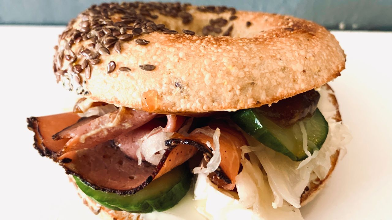 10. Pastrami, Plain Cream Cheese, Pickles, Dijon, Sauerkraut, and Caramelized Onion Relish