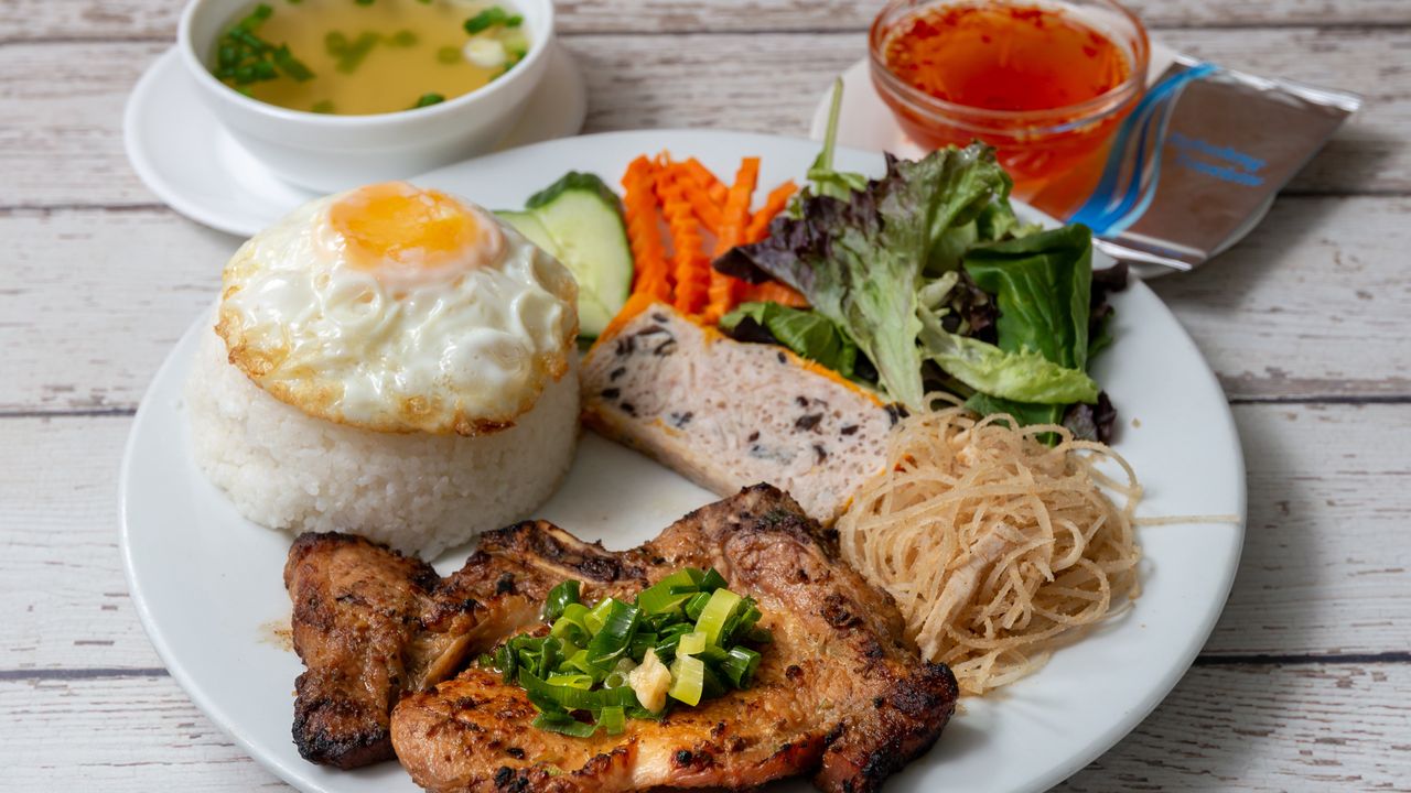 Broken Rice with Shredded Pork, Pork Chop, Steamed Pork Load and Fried Egg