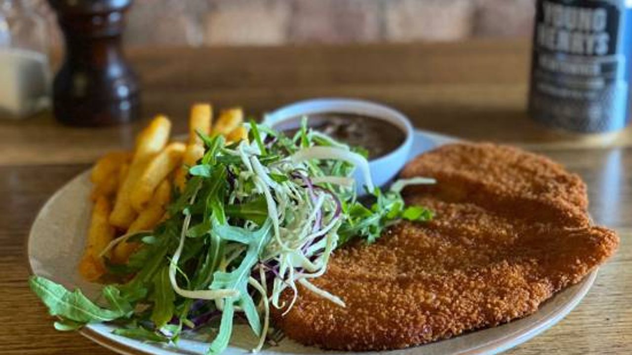 Chicken Schnitzel with Chips, Salad & Sauce