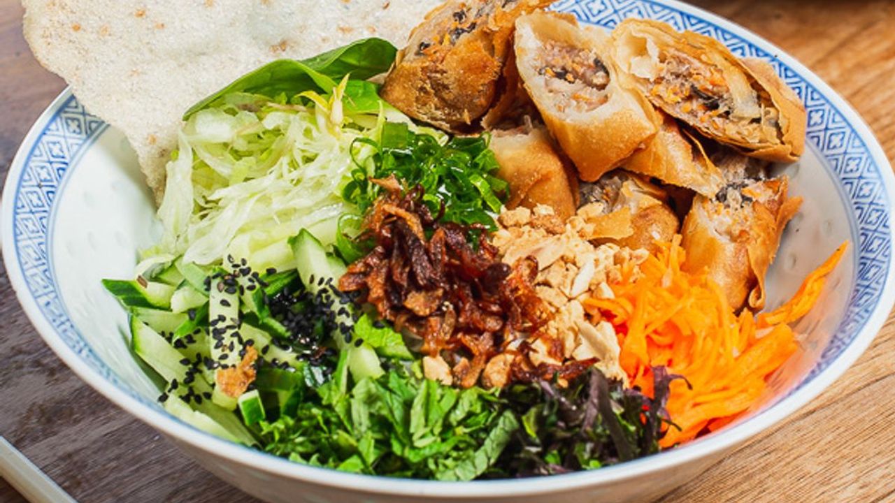 Noodle Salad with Pork & Prawn Spring Rolls