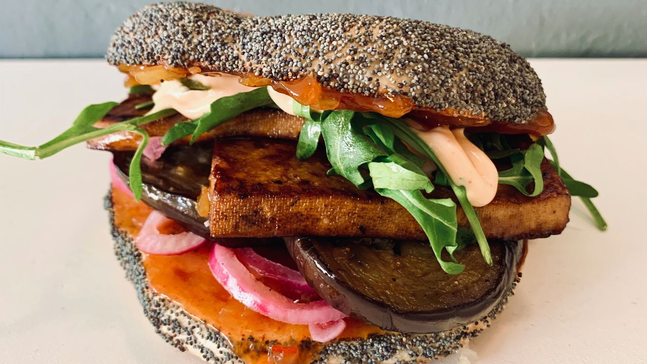 13. Smoked Tofu, Tomato Chutney, Pickled Onion, Roasted Eggplant, Sriracha Vegenaise, and Rocket