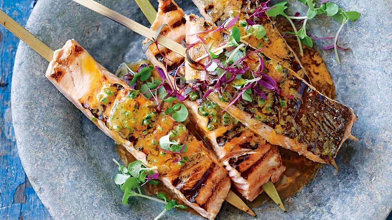 Grilled Salmon Skewers with Miso Sauce