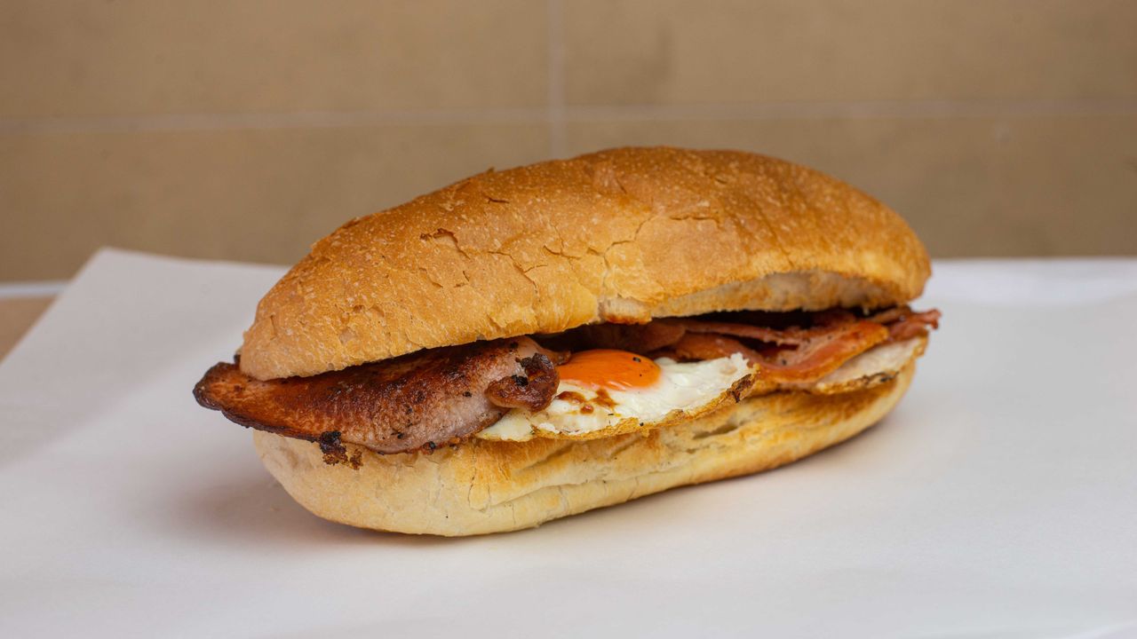 Crispy Grilled Bacon & Fried Eggs on a Toasted Turkish Bread Roll