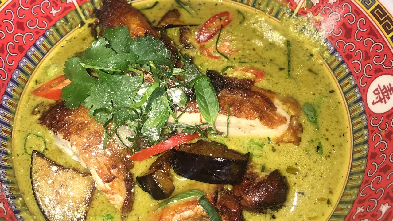 Thai Green Curry with Hainanese Style Chicken & Fried Eggplant