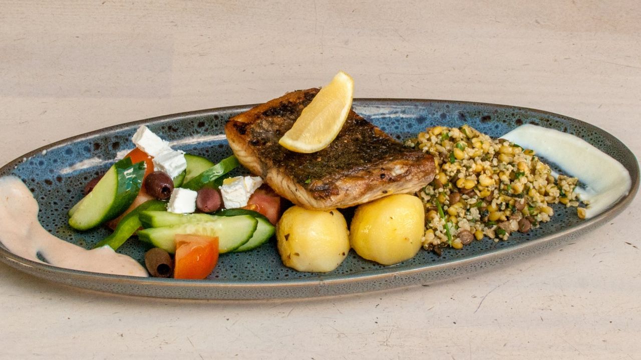 Marinade Barramundi, Ancient Grains, Almond, Greek Salad, Lemon Potato, Seafood Sauce, Garlic Sauce