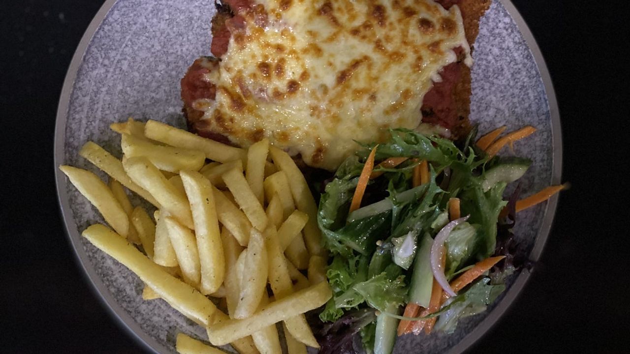 Eggplant Parmigiana, Chips and Salad