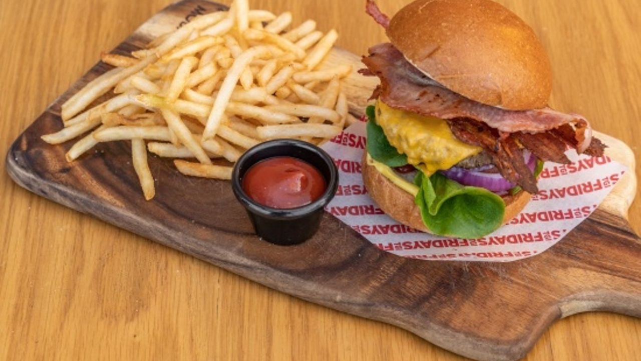 Fridays Bacon Cheese Burger and Fries
