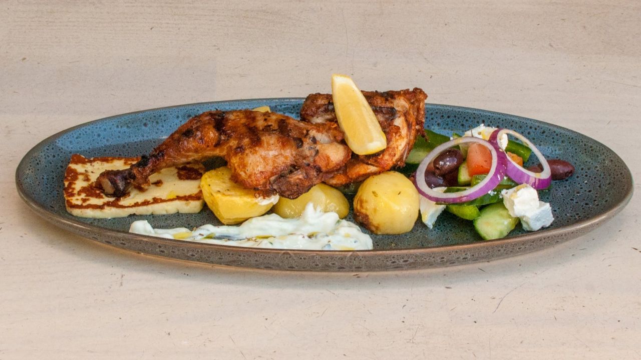 Greek Chicken, Lemon Potato, Greek Salad, Tzatziki, Haloumi