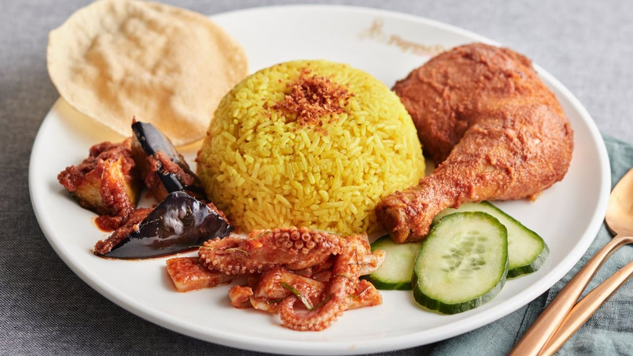 Special Nasi Kunyit with Fried Chicken, Sambal Sotong and Sambal Eggplants