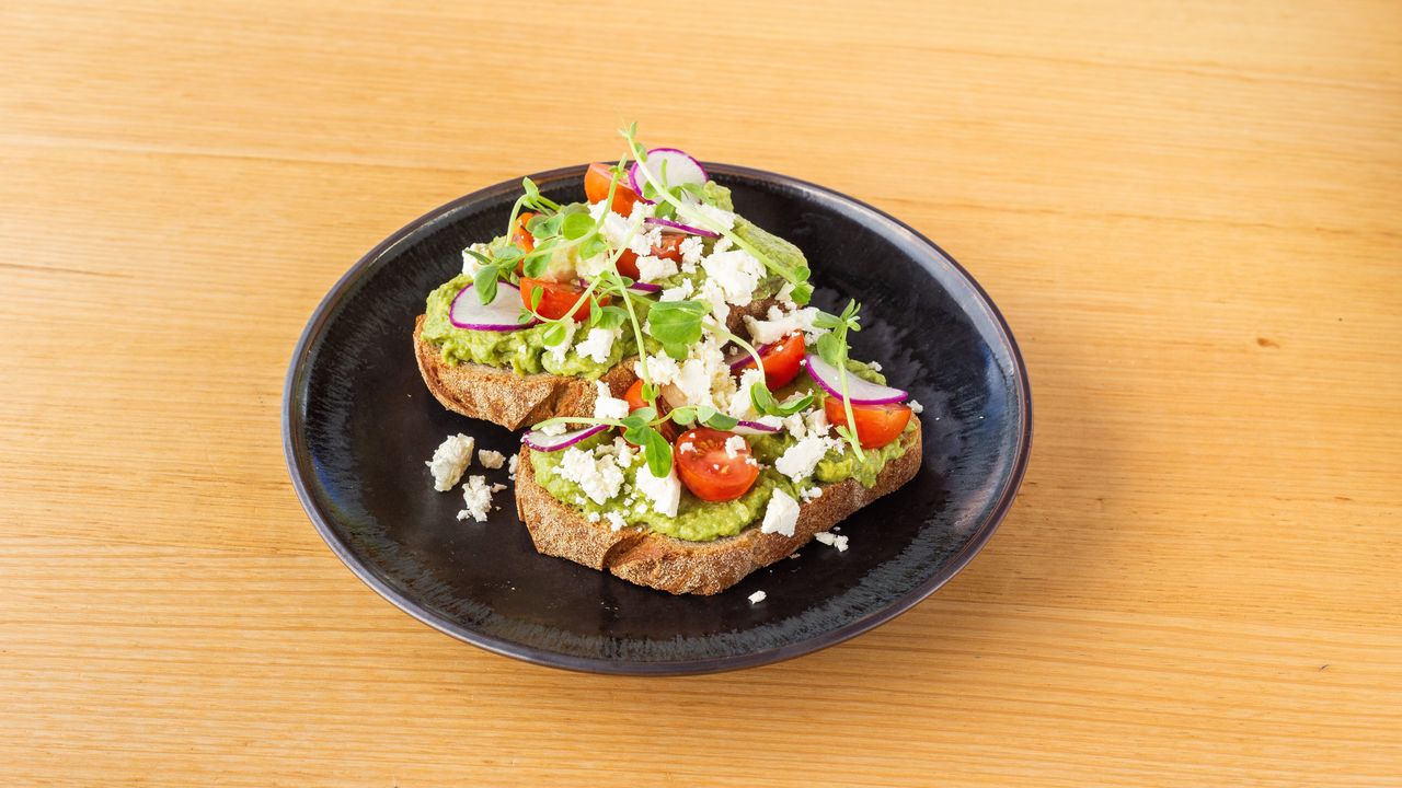 Smashed Avocado On Rye Toast, Cherry Tomatoes, Roasted Beetroots, Walnuts