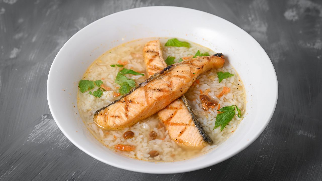 Soft Boiled Rice with Grilled Salmon