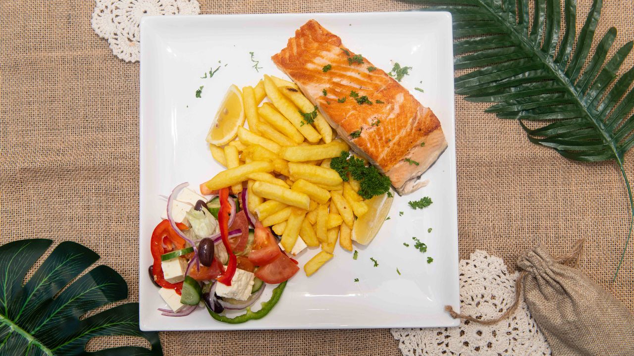 Salmon, Chips and Salad