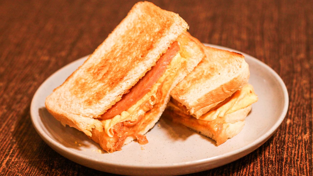 Spicy Pork Cubes and Scrambled Egg with Spam Sandwich