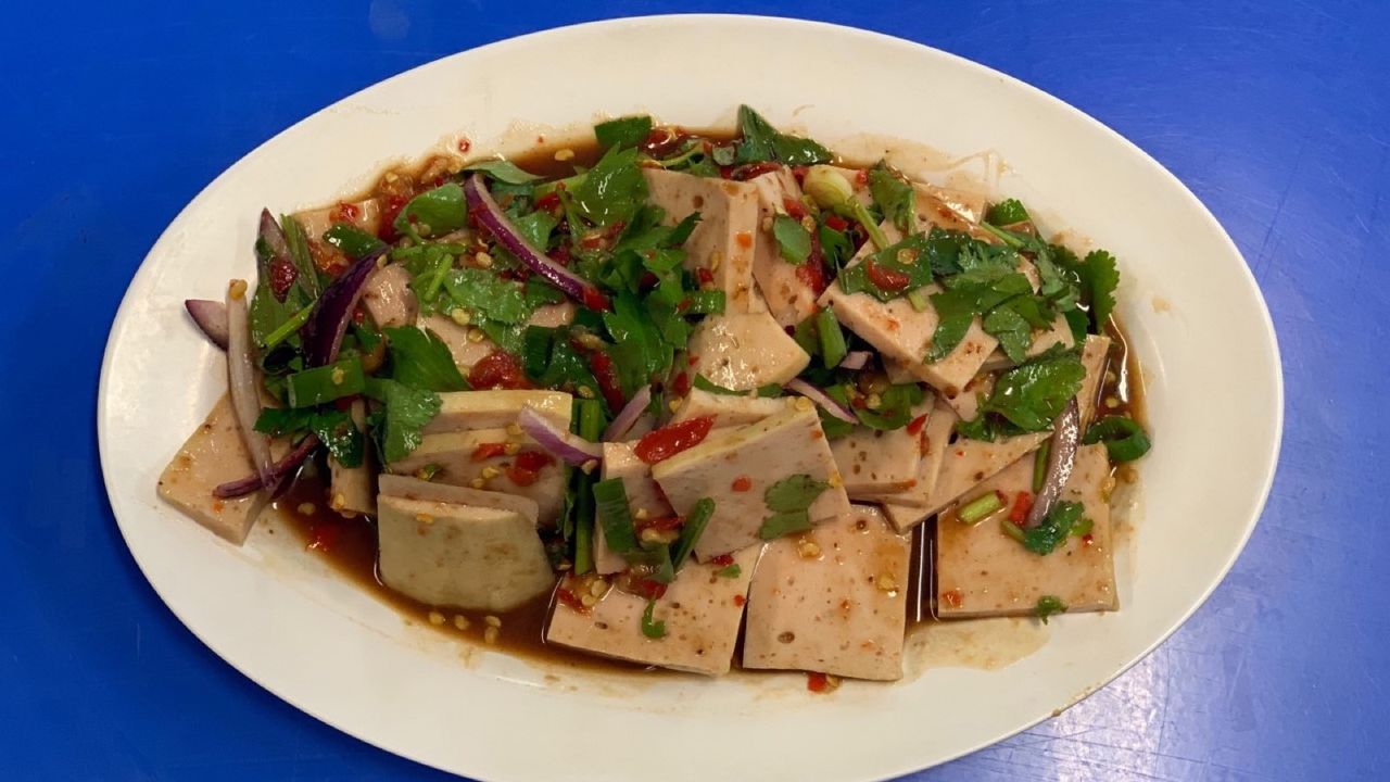 Pork loaf salad with fermented fish ยำปลาร้าหมูยอ