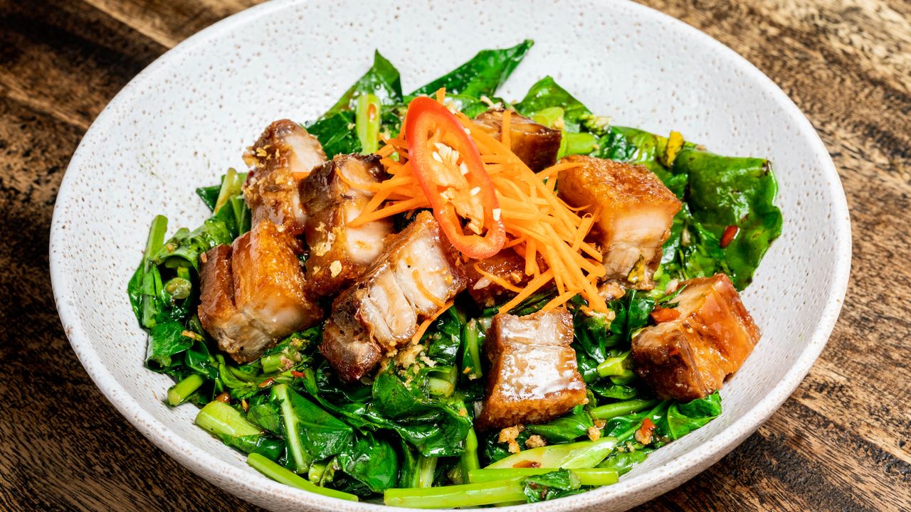 Chinese Broccoli with Crispy Pork Belly (Ka Na Moo Krob) (Mild) (GF) (Vegan)