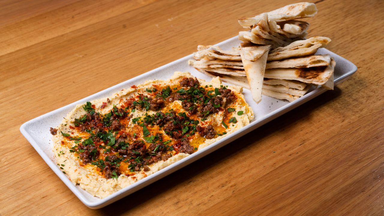 Hummus, Ground Lamb, Pita Bread