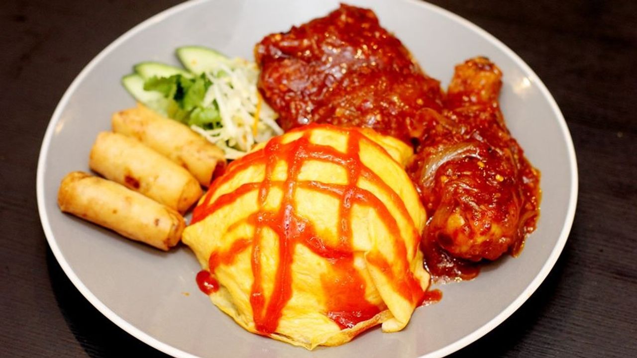 Ayam Masak Merah Omelette Rice with Spring Rolls