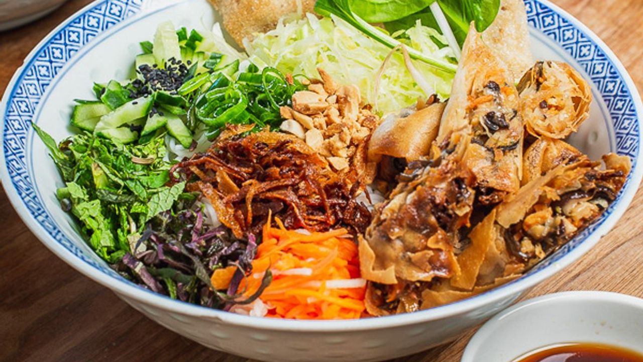Noodle Salad with Tofu & Mushroom Spring Rolls