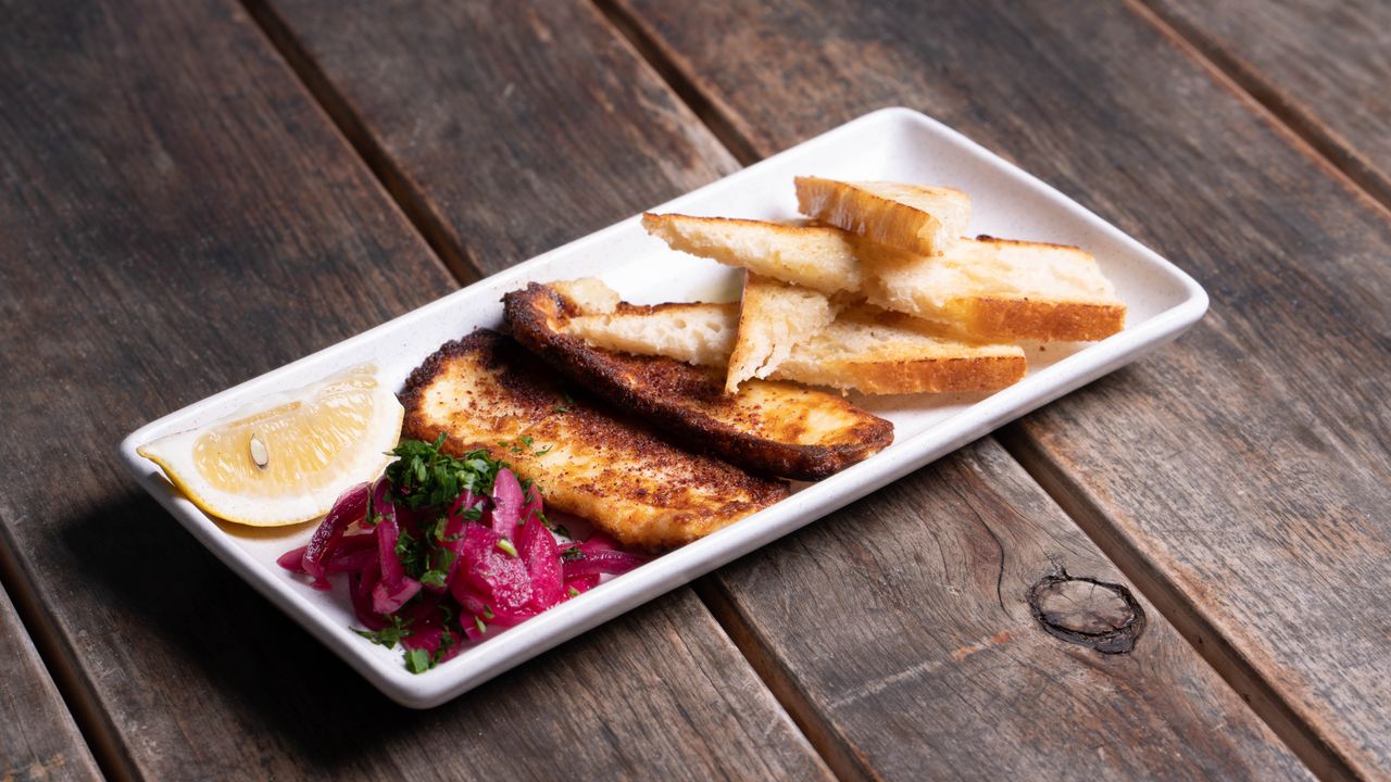Pan Fried Haloumi, Pickled Onion, Focaccia