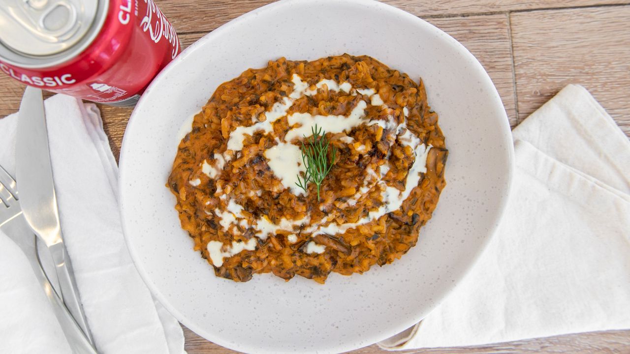 Pink Mushroom Risotto and Soft Drink
