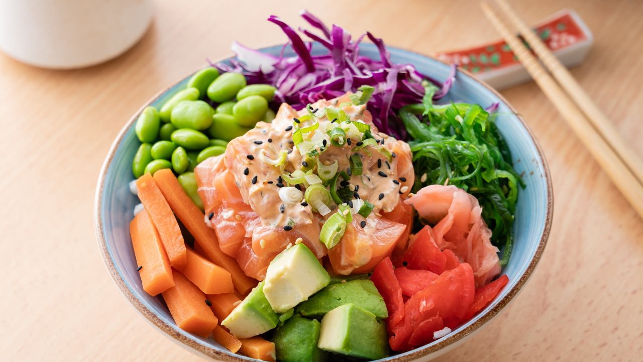 Spicy Pirikara Mayonnaise and Salmon Poke Bowl