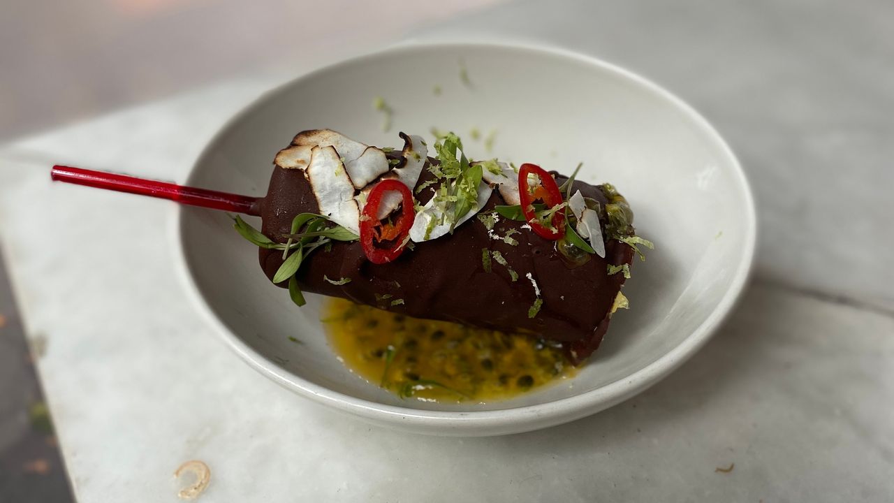 Mango and Passionfruit Popsicle, Chilli, Lime and Toasted Coconut