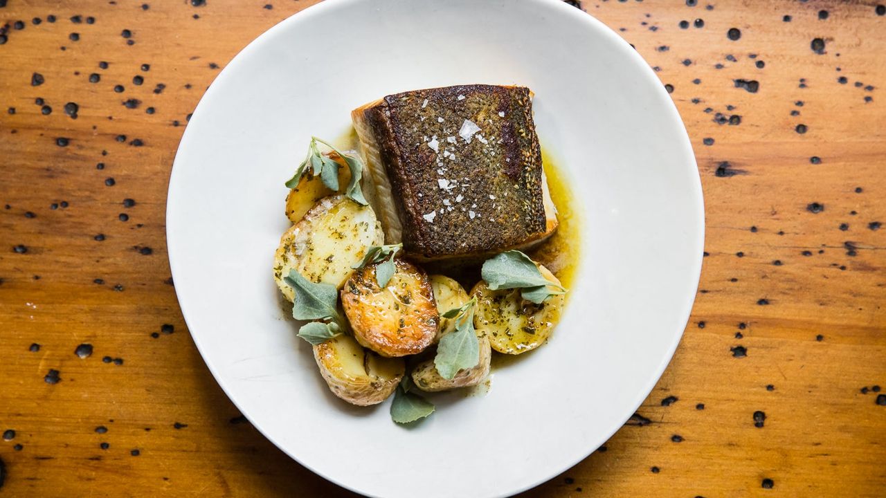 Kingfish, Saltbush Roast Potatoes, Caper Butter