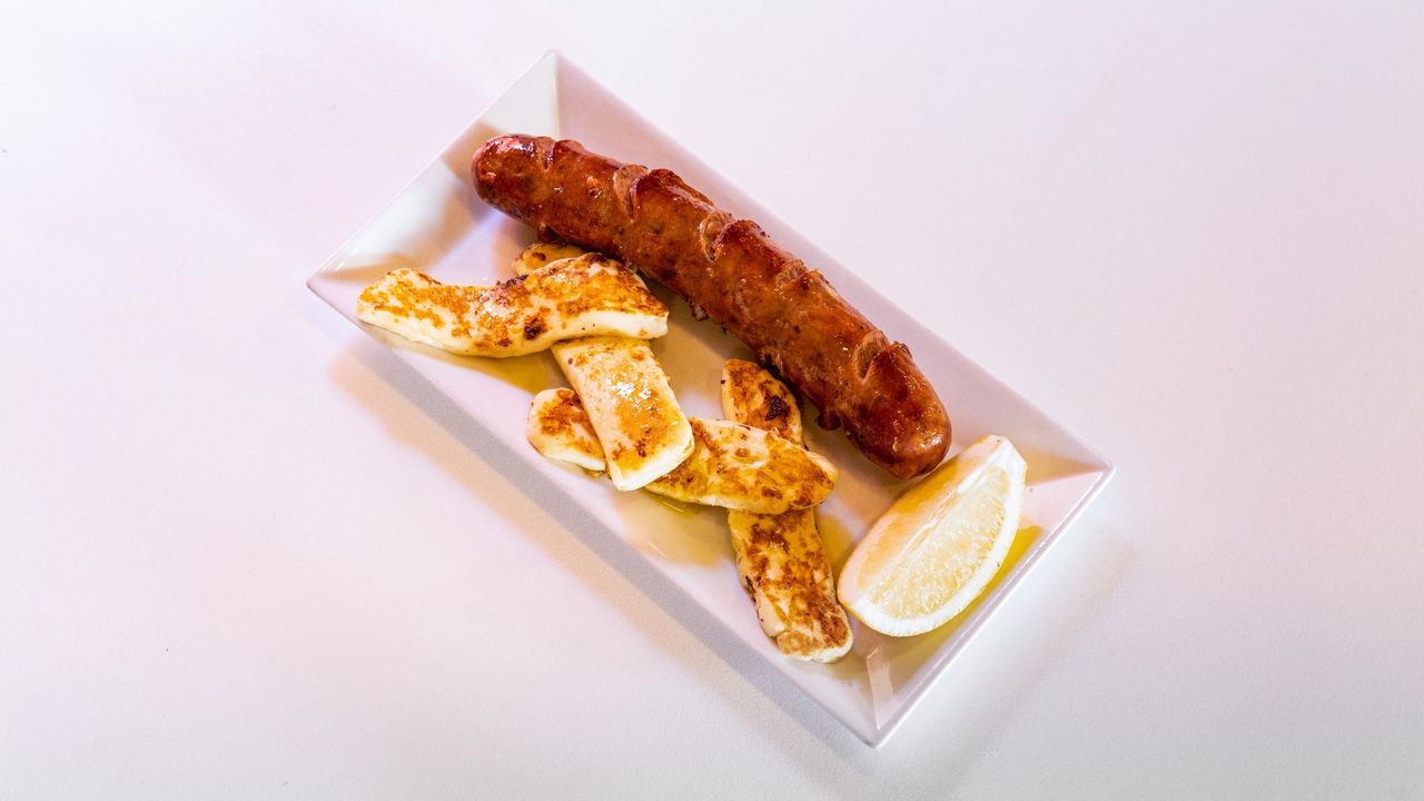 Loukaniko (Spicy Pork Sausage) and Minted Haloumi