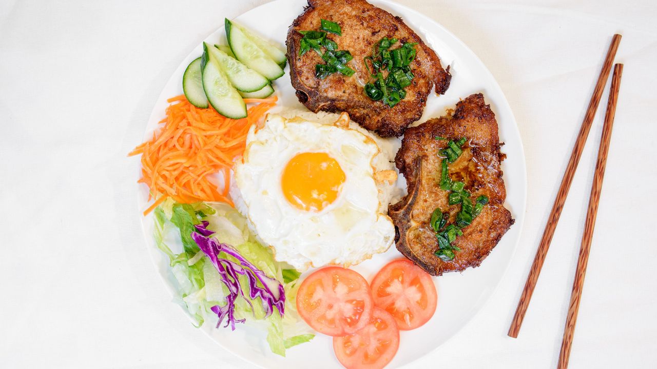 Grilled Pork Chop with Egg and Steam Rice