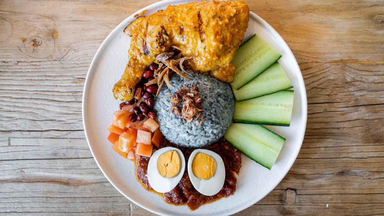 10. Grilled Coconut Chicken Maryland with Sambal Blue Pea Flower Rice (spicy)