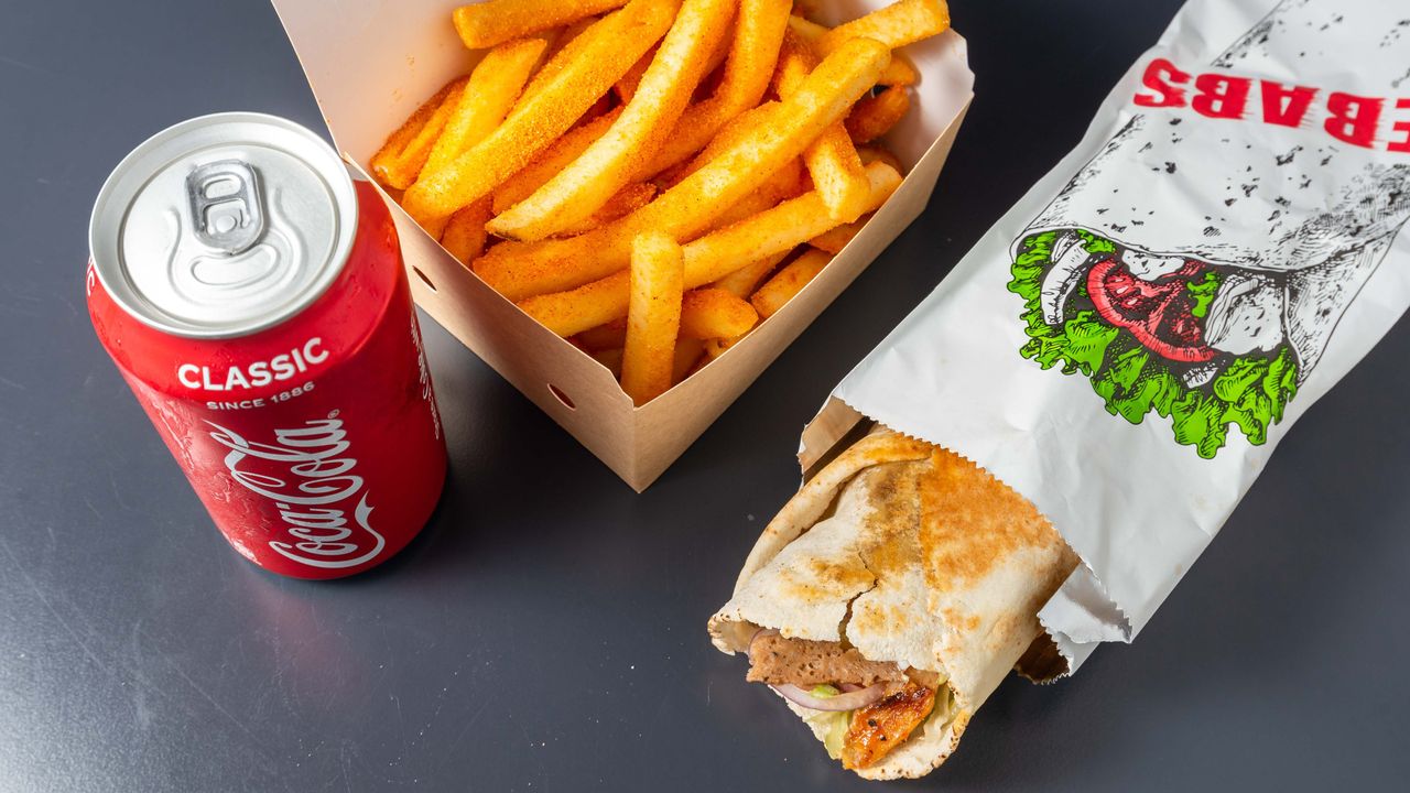 Kebab, Small Chips & A Can of Soft Drink
