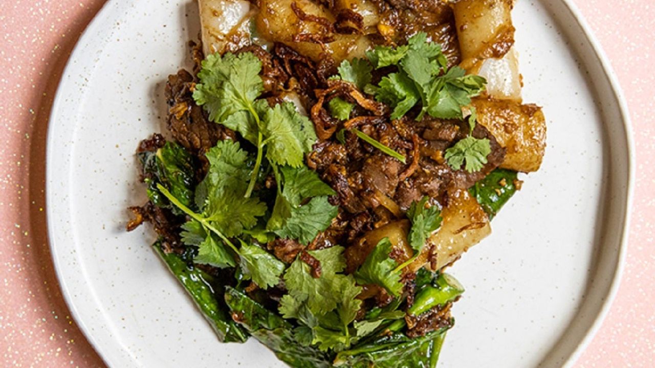 Pad Seuw of Braised Wagyu Beef Gai Laan, Rice Noodles and Crispy Shallots