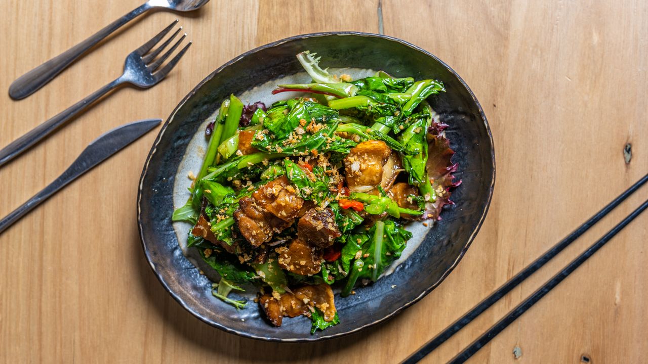Spicy Stir Fry Chinese Broccoli with Crispy Pork