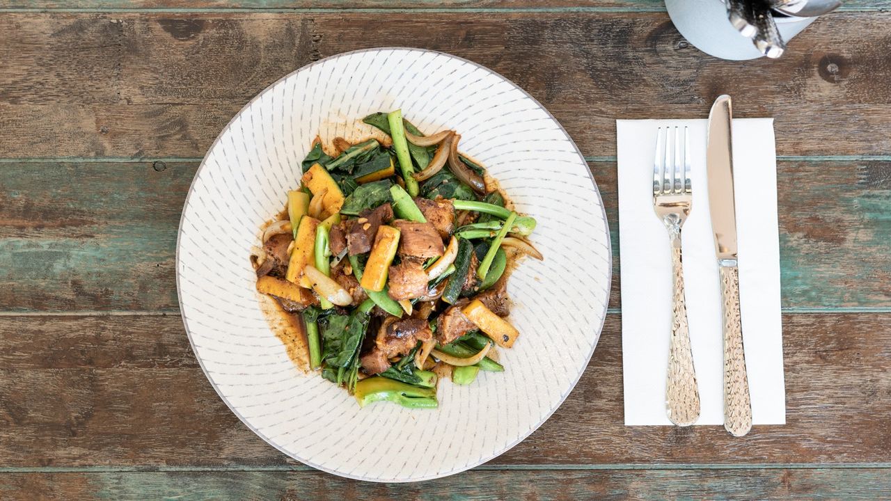 Yellow Bean Chili Pork with Green Vegies