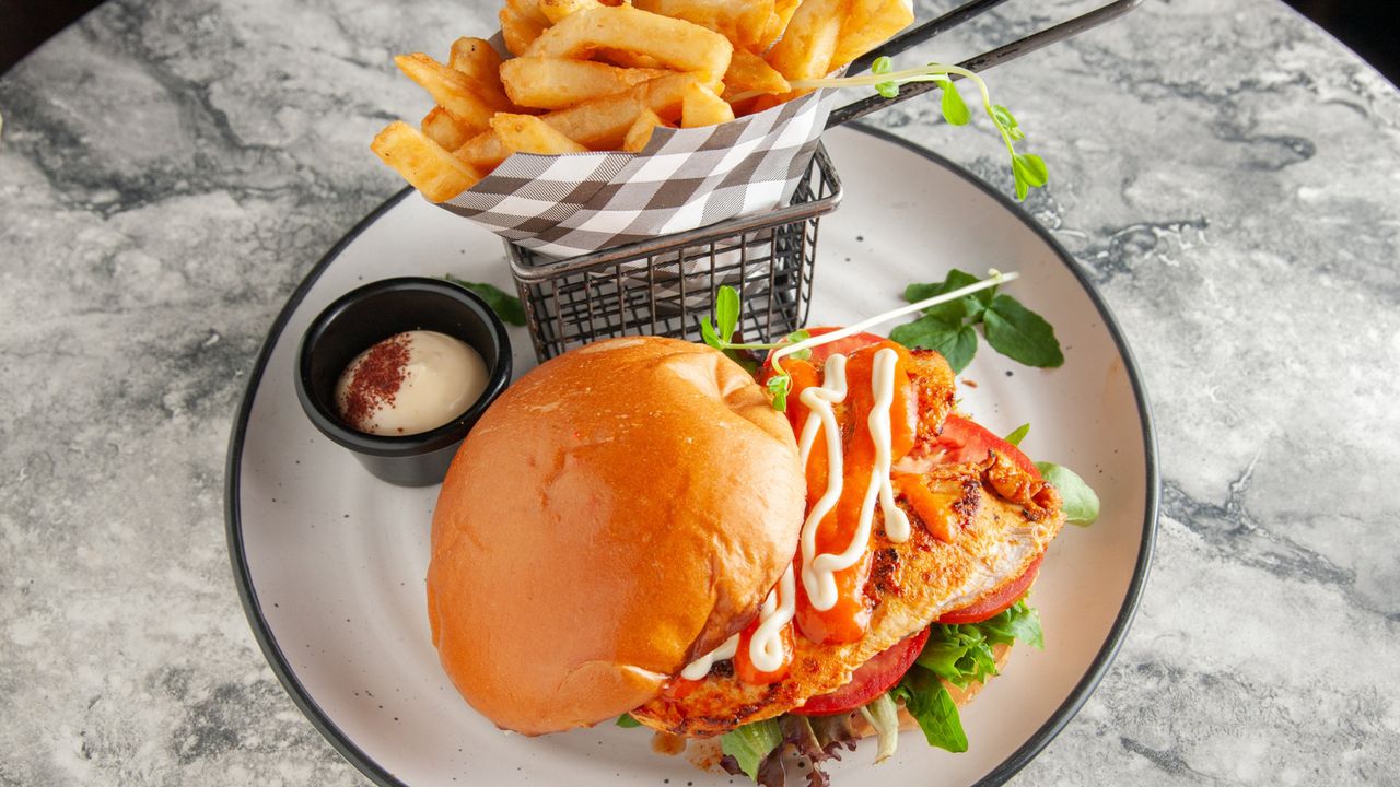 Portuguese Chicken Burger with Chips